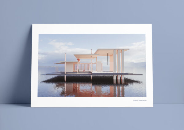 Architectural design and 3d rendering of a very calm house in the middle of the ocean