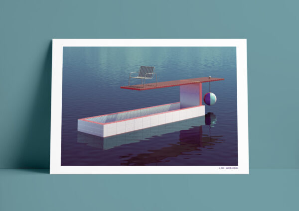 Printed work of an armchair on a swimming pool trampoline with the water outside